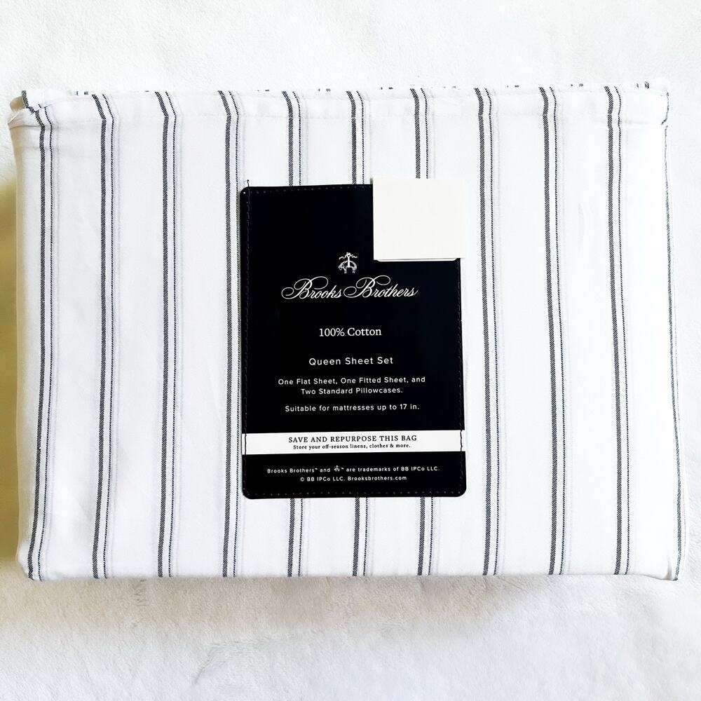 NEW Brooks Brothers 100% Cotton Sheet Set - White Black Gray Stripe, Queen Size